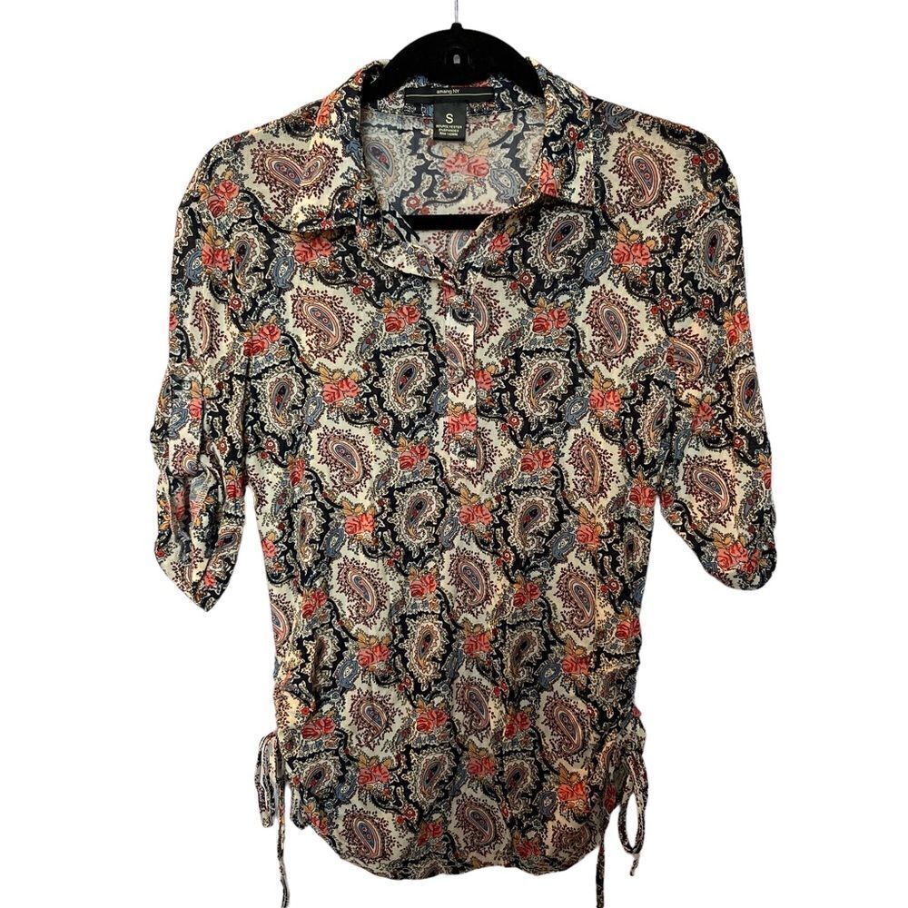 Amang NY Women's Short sleeve blouse Size Small Navy Blue Pink Multi Paisley